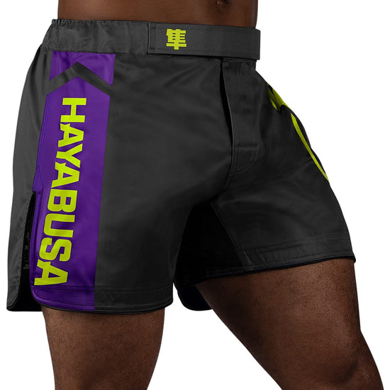 Load image into Gallery viewer, Hayabusa Icon Mid-Thigh Fight Shorts Black/Neon Side
