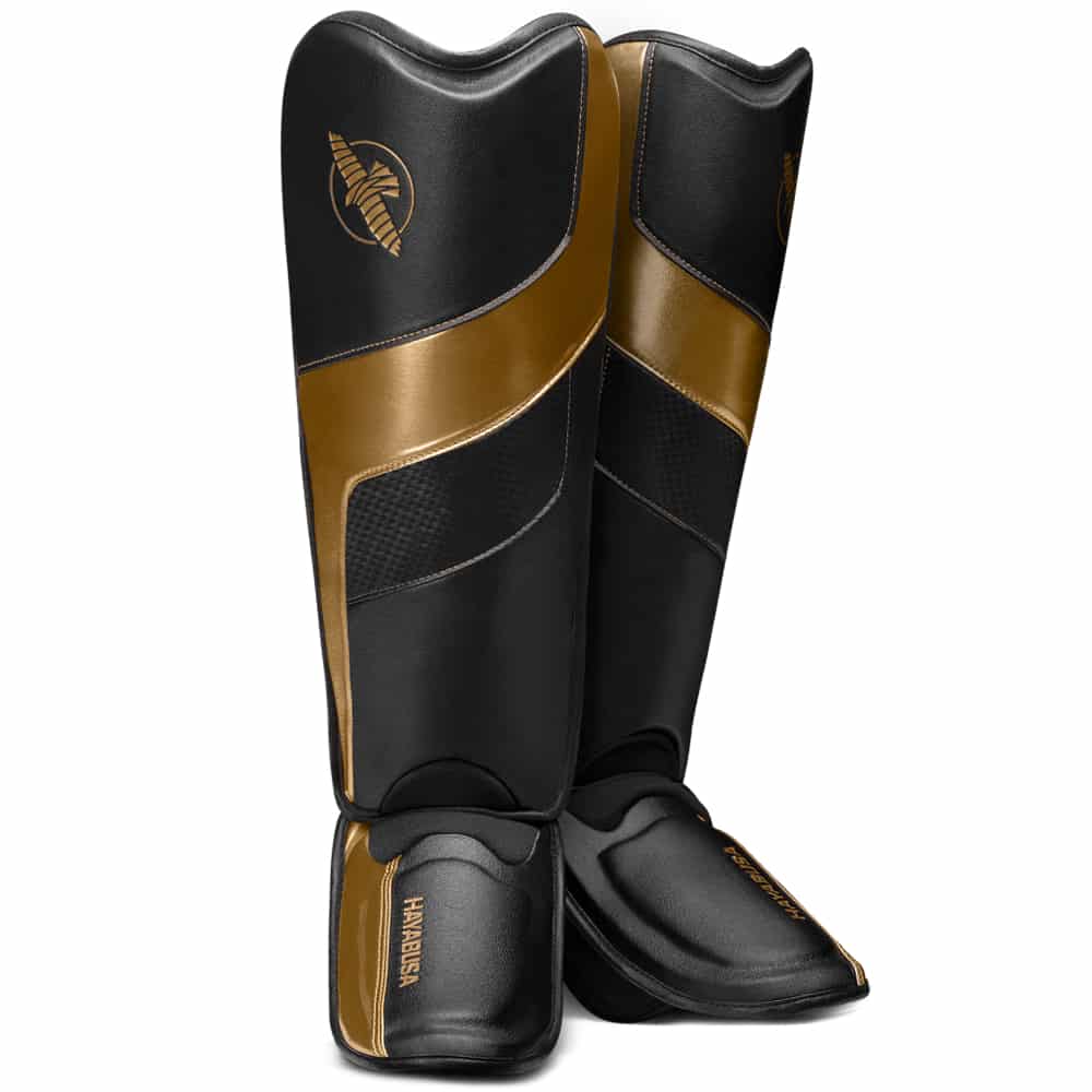 Load image into Gallery viewer, Hayabusa T3 Full-Back Shin Guards Black/Gold Front
