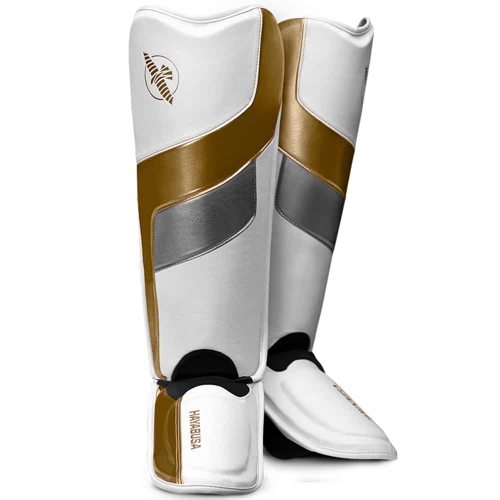 Load image into Gallery viewer, Hayabusa T3 Full-Back Shin Guards White/Gold Front
