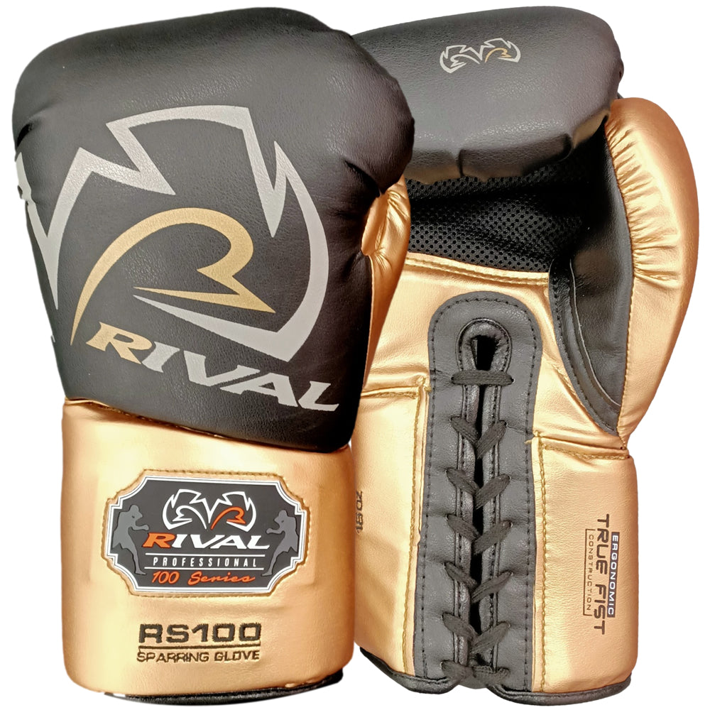 Load image into Gallery viewer, Rival RS100 Professional Sparring Gloves Black/Gold
