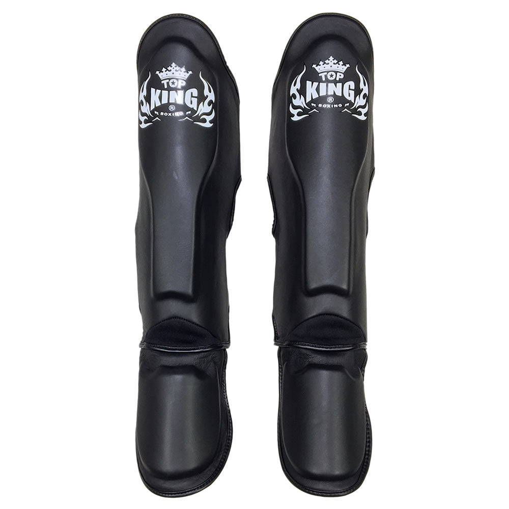 Top King Pro Leather Muay Thai Shin Guards Black Front
