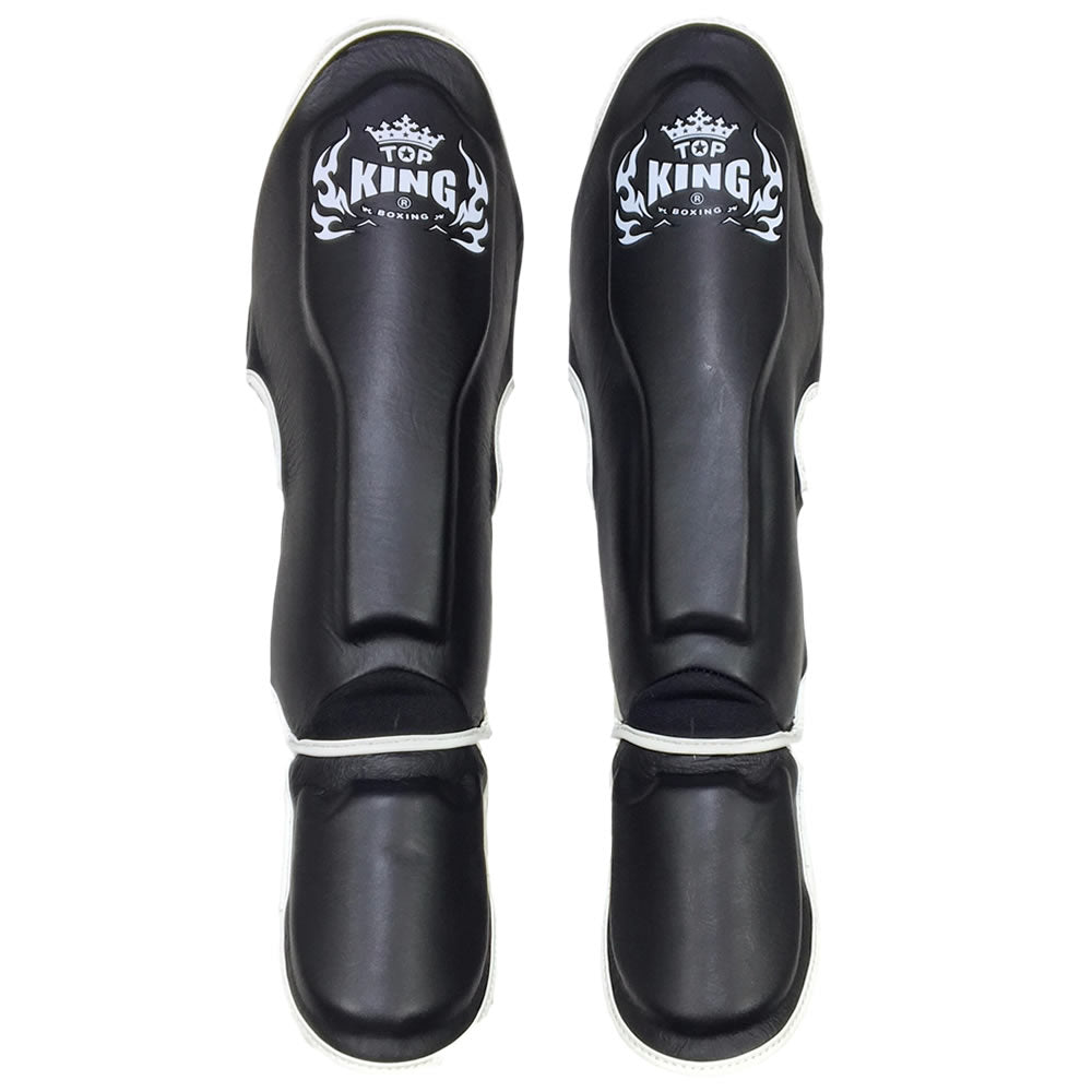 Load image into Gallery viewer, Top King Pro Leather Muay Thai Shin Guards Black/White Back
